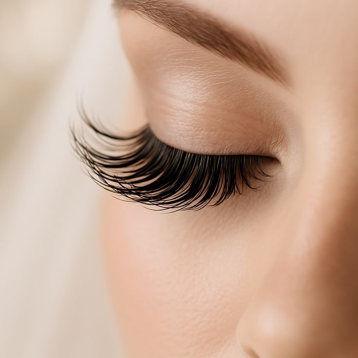 Close-up of a closed eye with long eyelash extensions